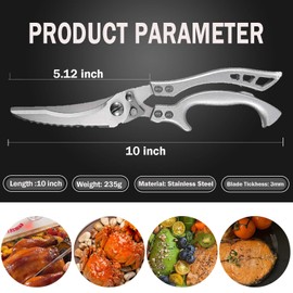 BETUREEIU Poultry Shears, Heavy Duty Kitchen Scissors with Spring Loaded & Serrated Edge, Ultra Sharp Multipurpose Stainless Steel Kitchen Shears for Cutting Chicken, Fish, Bone, Meat (Silver)