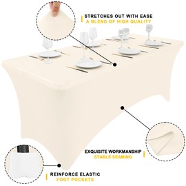 Smiry 2 Pack Spandex Table Cloth 8FT, Elastic Fitted Stretch Tablecloths for Rectangle Tables, Washable Table Cover for Outdoor, Wedding, Banquet & Parties (Beige, 96Lx30Wx30H Inch)