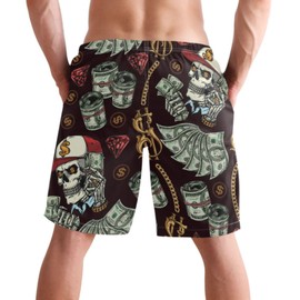 visesunny Mens Swim Trunks Quick Dry Swim Shorts with Mesh Lining Money with Gold Chain Dollar Sign Banknote Skull Red Diamond Print Swimwear Bathing Suits