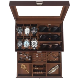 Kukikan Watch Jewelry Box Organizer, 6-Slot 2-Layer Watch Case and Sunglasses Storage with Large Glass Lid, Men's Jewelry Box with Lock, Watch Holder Display Case, Gift for Men Women