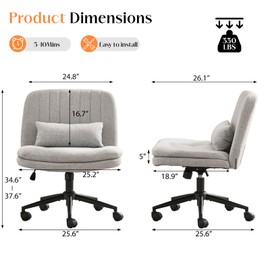Criss Cross Chair with Wheels, Comfy Armless Cross Legged Office Chair with Wide Seat, Double-Thick Cushion, Pillow, Adjustable Swivel Computer Task Vanity Home Office Desk Chair (Gray, with Wheels)