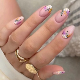 24 Pcs Press on Nails Medium,Lucoffeoi Almond Fake Nails with Nail Glue Almond and Square on Nails Set with Adhesive Tabs File Nails Tips for Women Girls Kids