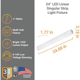 Diodesy- 2Ft LED Linear Strip 1-Light Fixture 11W 5000K Bright White 100-240V 1450 Lumen 24 Inch Flush Mount Ceiling Commercial Shop Light for Garage Office Warehouse Workshop Market UL & DLC Listed