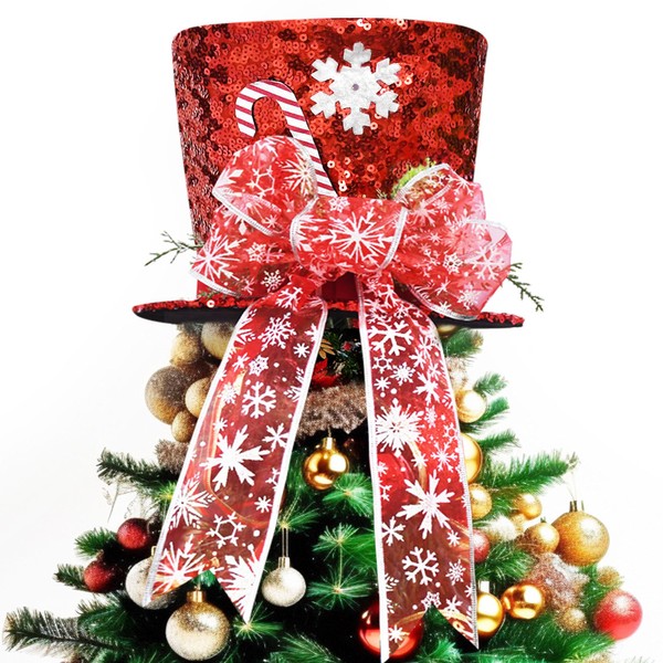 YUEMING Christmas Tree Topper Hat, Red Hat with Striped Bow