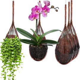 Gogeffor Hanging Orchid Planter Plant Pot: 5 Packs Bamboo Flower Basket with Handmade Environmentally Adjustable for Indoor Wall Railing Outdoor Garden