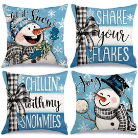 Winter Chillin' with My Snowmies Throw Pillow Covers 20x20 Inch Set of 4, Snowmen Let it Snow Shake Your Flakes Blue Holiday Farmhouse Decorative Cushion Cases for Home Decoration G640-20