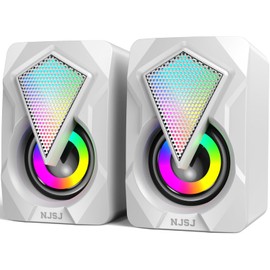 NJSJ Computer Speakers for Desktop, USB-Powered Stereo 2.0 PC Speakers, Portable Small Speaker for Laptop Monitor with 3.5mm Aux Input, Colorful LED Lights - White
