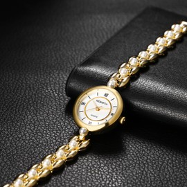 Lancardo Women Vintage Pearl Watch: Roman Numerals Dial Analog Quartz Gold Tone Bracelet Wristatch Lady Dress Watch Mothers Day