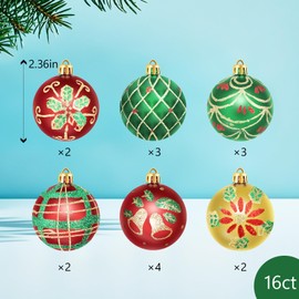 MONIBAQ Christmas Ball Ornaments for Christmas Tree Decorations, 16ct 2.36 inch Shatterproof Green Red Gold Plastic Christmas Ornaments Bulk Xmas Decor, Hanging Christmas Balls Baubles (Green White)