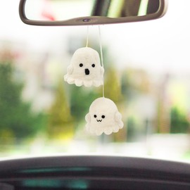 GLACIART ONE Ghost Car Interior Hanging Ornament 2 Pcs | Funny & Fuzzy Wool Ghost Rear View Mirror Accessories, Cute Swinging Charm for Bag, Wallet, Lanyard | Great as Decoration, Party Favors & Gifts