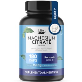 LIFE 360+ | Citrato de Magnesio | Alta Pureza | 180 Cápsulas | 2598 mg por porción | Alta Absorción | Adicionado con Fibra Dietética | Suplemento Alimenticio | Magnesium Citrate Inulina