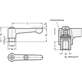 Adjustable clamping lever straight, with internal thread, M6 / silver