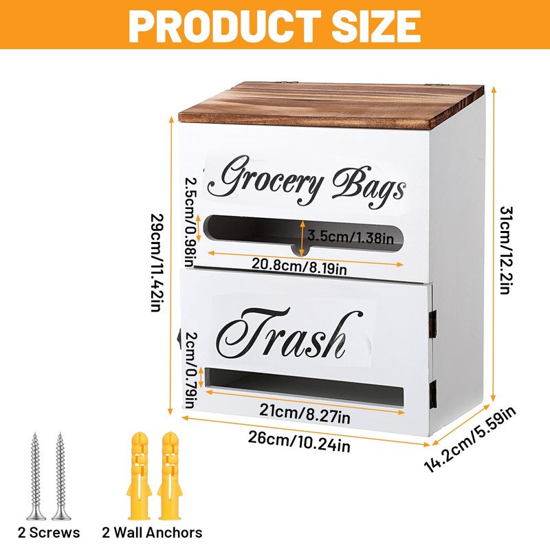 2 in 1 Trash Bag Dispenser,White Wood Trash Bags Holder