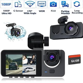 Dealsforyoudays | 1080P Full UHD Car Camera Front Rear with Free 64GB SD Card,HDR,Dashcam for Cars,Night Vision,Loop Recording,WDR,24H Parking Mode,Driving Recorder