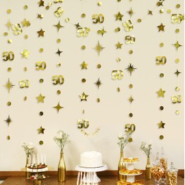 Gold 50th Birthday Decorations Number 50 Circle Dot Twinkle Star Garland Metallic Hanging Bunting Banner Streamer Backdrop for 50 Year Old Happy Birthday 50th Anniversary Fiftieth Party Decor Supplies