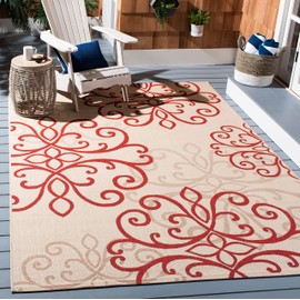 SAFAVIEH Courtyard Collection 6'7" x 9'6" Cream / Red CY6857 Indoor/ Outdoor Waterproof Easy Cleaning Patio Backyard Mudroom Area Rug