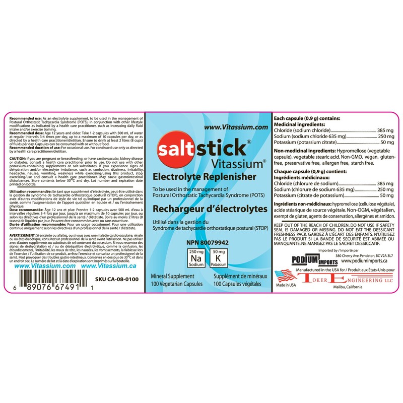 SaltStick Vitassium Buffered Electrolyte Salts Capsules Dietary Supplement 100 count