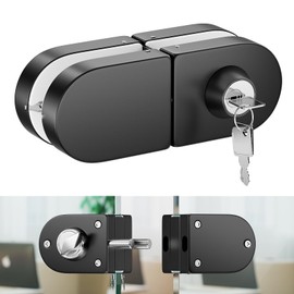 Ranbo Frameless Double-Sided Glass Door Lock,Clamp-On No-Drill,304 Stainless Steel,for 3/8"–1/2"(10-12mm) Swing Door,for Office,Storefront,3 Keys,Matte Black—Double Swing Doors Floor Lock Required