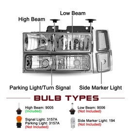 JSBOYAT 8PCS Headlight Assembly for 1994-1998 Chevy Silverado Tahoe Suburban C10 C/K 1500 2500 3500 Replacement w/Bulbs Chrome & Clear