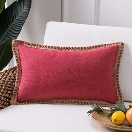 Phantoscope Farmhouse Christmas Decorative Throw Pillow Cover Burlap Linen Trimmed Tailored Edges Outdoor Xmas Pillow Red 12 x 20 inches, 30 x 50 cm