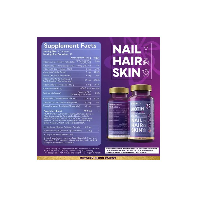 Sunuv Biotina 10000 Mcg Colágeno Keratina 90 Cápsulas