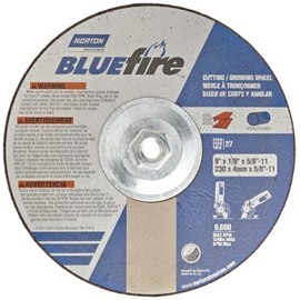 Norton Blue Fire Plus Depressed Center Abrasive Wheel, Type 27, Zirconia Alumina, 5/8"-11 Hub, 9" Diameter x 1/8" Thickness (Pack of 1)