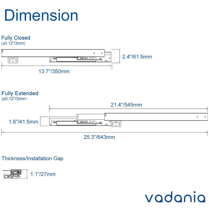VADANIA 14" Undermount Drawer Slide, Soft Close, Bottom Mounted &