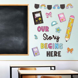 Classroom Door Cover Decoration Sticker, Our Story Begins Here Window Door Cling, Bulletin Board with Composition Notebook Pencil Bow Cutout for Back to School Party Wall Window Decor