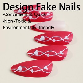 Lifextol Valentines Day Press on Nails Medium Fake Nails Medium Almond Stick on Nails Press ons with Adhesive Tabs,Red Nails Press on Natural Pink Nails, 24pc Heart