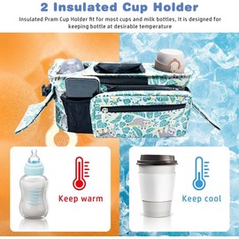 KLERICER Baby Stroller Organizer, Universal Stroller Organizer with Detachable Phone Bag, Stroller Caddy with 2 Insulated Cup Holders, Buggy Organizer Bag with 2 Hooks Fits Most Strollers (Sloth)