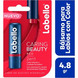 LABELLO Bálsamo Labial Caring Beauty Red (4.8 g), Color Intenso y Cuidado Duradero con Vitamina E y Aceite de Almendras Orgánico