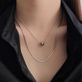 Wendalern Layered Snake Chain Choker Necklace Thin Round Snake Chain Collar Necklace Layered Flat Herringbone Necklace Single Round Pearl Necklace Wedding Jewellery for Women, Zinc, No Gemstone