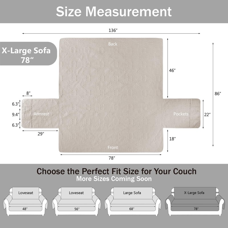 Pamhaven Soft Quilted Couch Cover with Pockets for Extra-Large Sofa,