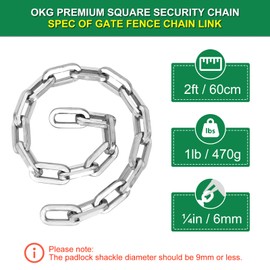OKG Cadena de seguridad – Cadena de puerta para exteriores de 2 pies x 1/4 pulgadas de grosor, cadena a prueba de cortes hecha de aleación de acero endurecido para cercos, bicicletas, jaulas de