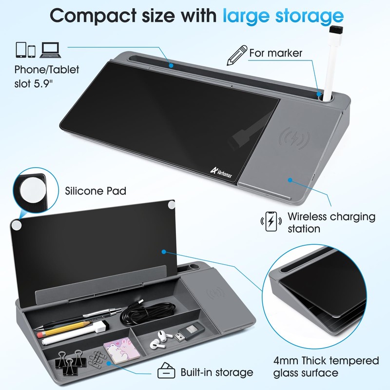 Varhomax Glass Desk Whiteboard with Wireless Charger, Desktop Organizer Dry