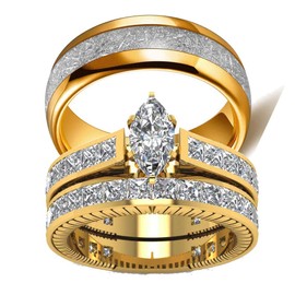 Couples Rings Women's 10k Yellow Gold Filled White CZ Wedding Engagement Ring Bridal Sets & Men's Titanium Wedding Band