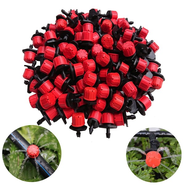 Kalolary 100Pcs 1/4Inch Irrigation Drippers Sprinklers, Adjustable Emitter Drippers Micro Drip Irrigation System Watering Sprinklers Anti-clogging Emitter Dripper Red Garden Supplies