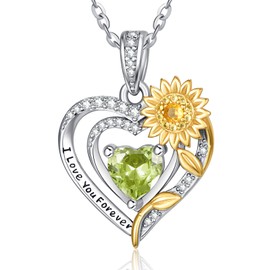 JIYVY32 Sunflower Necklace White Gold Sunflower Heart Pendant Necklaces for Wife Mom Mother Birthstone Jewelry Gifts for Women Green Peridot Necklace August Birthstone Necklaces