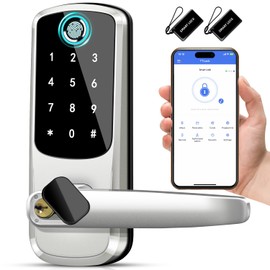 Smart Door Lock with Handle,Keyless Entry Door Locks, 8-in-1 Fingerprint Keypad Exterior Lock - Smart Locks for Front Door - Digital Electronic Smart Lock with Code & APP Control (Silver)
