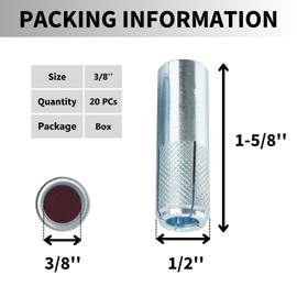 Party Animal Drop-in Anchors,20 PCs 3/8-16 Zinc-Plated for Concrete, Secure Mounting, Industrial-Strength, Easy Installation - Internal Forced Expansion Screw Bolts for Solid Concrete
