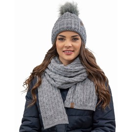 Vivisence Stylish Women's Winter Set Hat with Pompom and Warm Fleece Lining Paired with Classic Matching Scarf Made from Soft and Warm Fabric Perfect for Cold Weather, Light Grey,UNI