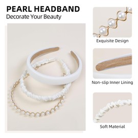 TEBIEKOY 3PCS headbands for women girls, white pearl headband non slip wide head bands for women’s hair fashion padded headband cute thin hair headbands Vintage womens head bands hair accessories