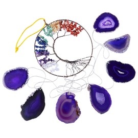SUNYIK Tree of Life Agate Slice Wind Chime, Handmade 7 Chakra Stone Healing Crystal Wind Chime for Indoor Outdoor Decoration Ornament 24-27'', Purple