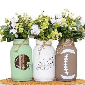 Football Home Decor for Mantle, Football Mason Jars with Artificial Flowers, Hand Painted Glass Quart Jars with Greenery, 32 oz, Fall Football Party Decoration, Football Home Decor, Set of 3