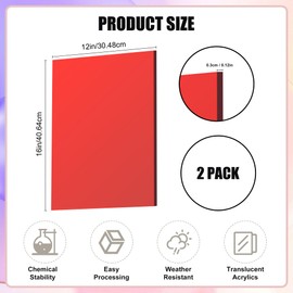 Lesnlok Red Acrylic Sheets - 1/8" Thick, 3mm, 2 Pack, 12"x16" Clear Red Plexiglass for Sign, Craft, Painting, Laser Cutting, DIY Display Projects