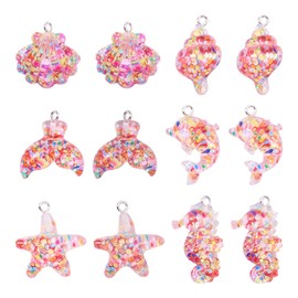 Crafans 24Pcs Marine Organism Charms Transparent Fish Tail Sea Horse Starfish Resin Dangle Charms Pink Inner Mermaid Shell Summer Charms for DIY Necklace Jewelry Making