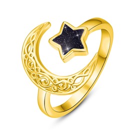 Dreamboat Sterling Silver Moon and Star Rings for Women Crescent Moon Ring Celestial Galaxy Ring Witchy Star Jewelry Adjustable Open Ring, 15, Sterling Silver, blue sandstone