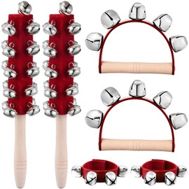 6 Pcs Christmas Handle Sleigh Bells, Include 2 Wooden Hand Bells 2 Sleigh Bells and 2 Wrist Band Bells for Holiday Music, Birthday Gifts, Festive Silver Bells for Christmas Celebration (Red)
