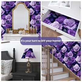 VOLEAAR Purple Peel and Stick Wallpaper, Vintage Purple Rose Floral Pattern Wallpapers, Dark Romance Flower Self Adhesive Contact Paper Wall Decor for Bedroom Bathroom Drawer Bookshelf 17.5In x 9.8Ft