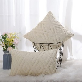 CJWLKJ 2Pcs Soft Faux Fur Throw Pillow Covers 18x18 - Plush Short Wool Velvet Decorative Pillow Covers - Couch Sofa Pillow Covers for Living Room - with 3D Diamond Pattern (Beige)